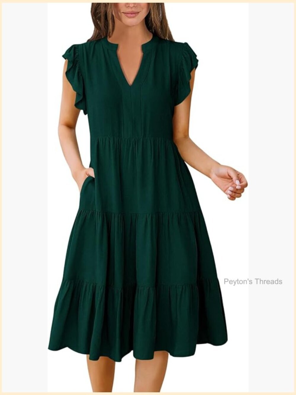 Casual Fit Flowy Tiered Ruffle Sleeve V-Neck Midi Dress for Summer Beach